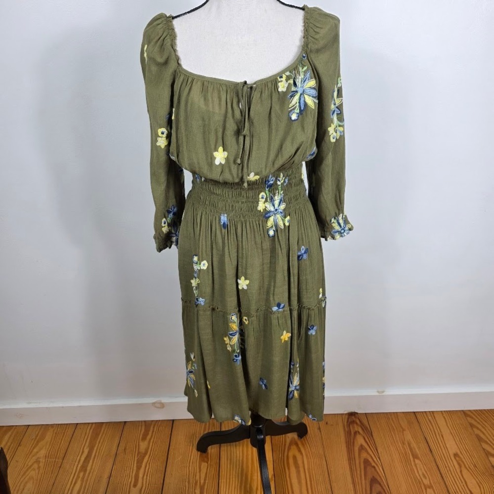 Olive Hill Green Embroidered Tiered Midi Dress L Western Boho Chic